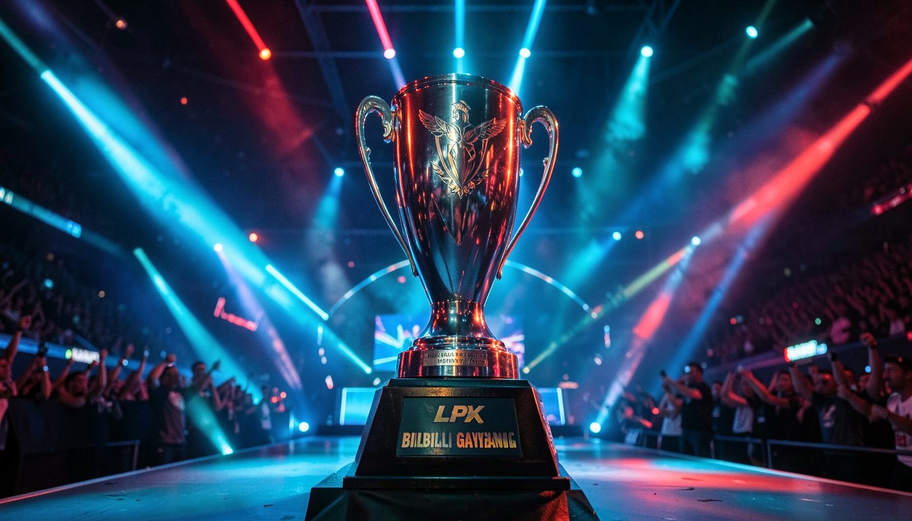 Đội tuyển Bilibili Gaming nâng cúp vô địch LPL, ánh sáng sân khấu rực rỡ xanh đỏ