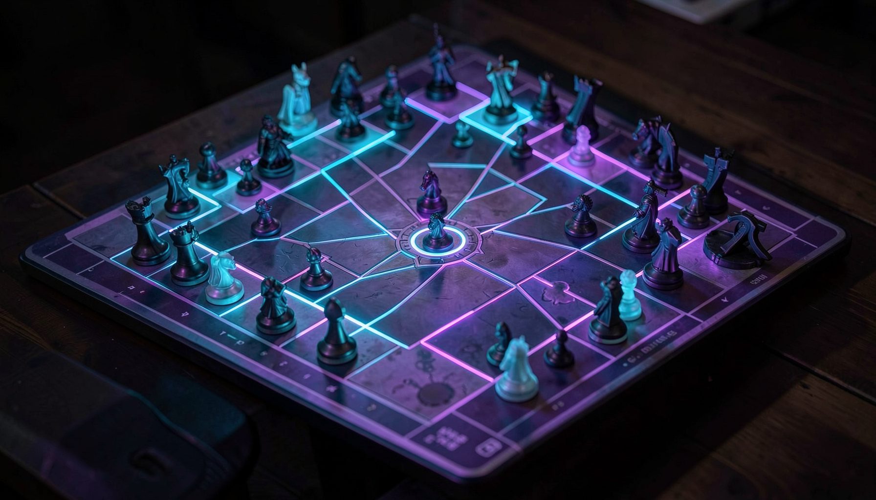 Overhead shot of an illuminated futuristic chess-like board game with metallic pieces lit by purple and teal neon lines