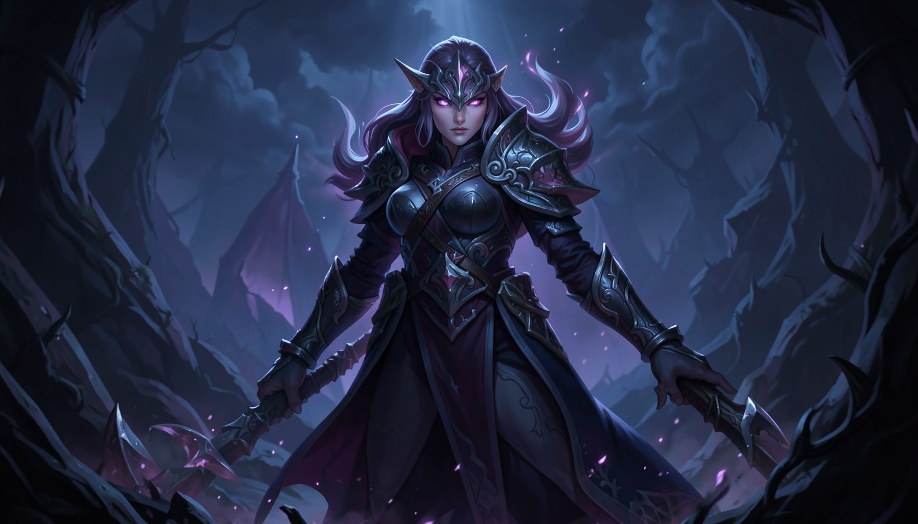 Hình ảnh hero Dota 2 với tông màu tối xanh tím, phong cách fantasy u ám đầy bí ẩn