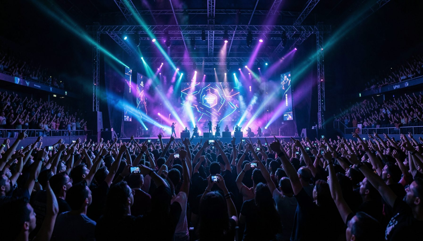 Sân khấu giải đấu esports hoành tráng với ánh sáng xanh tím rực rỡ, khán giả cuồng nhiệt cổ vũ trên nền tối huyền bí
