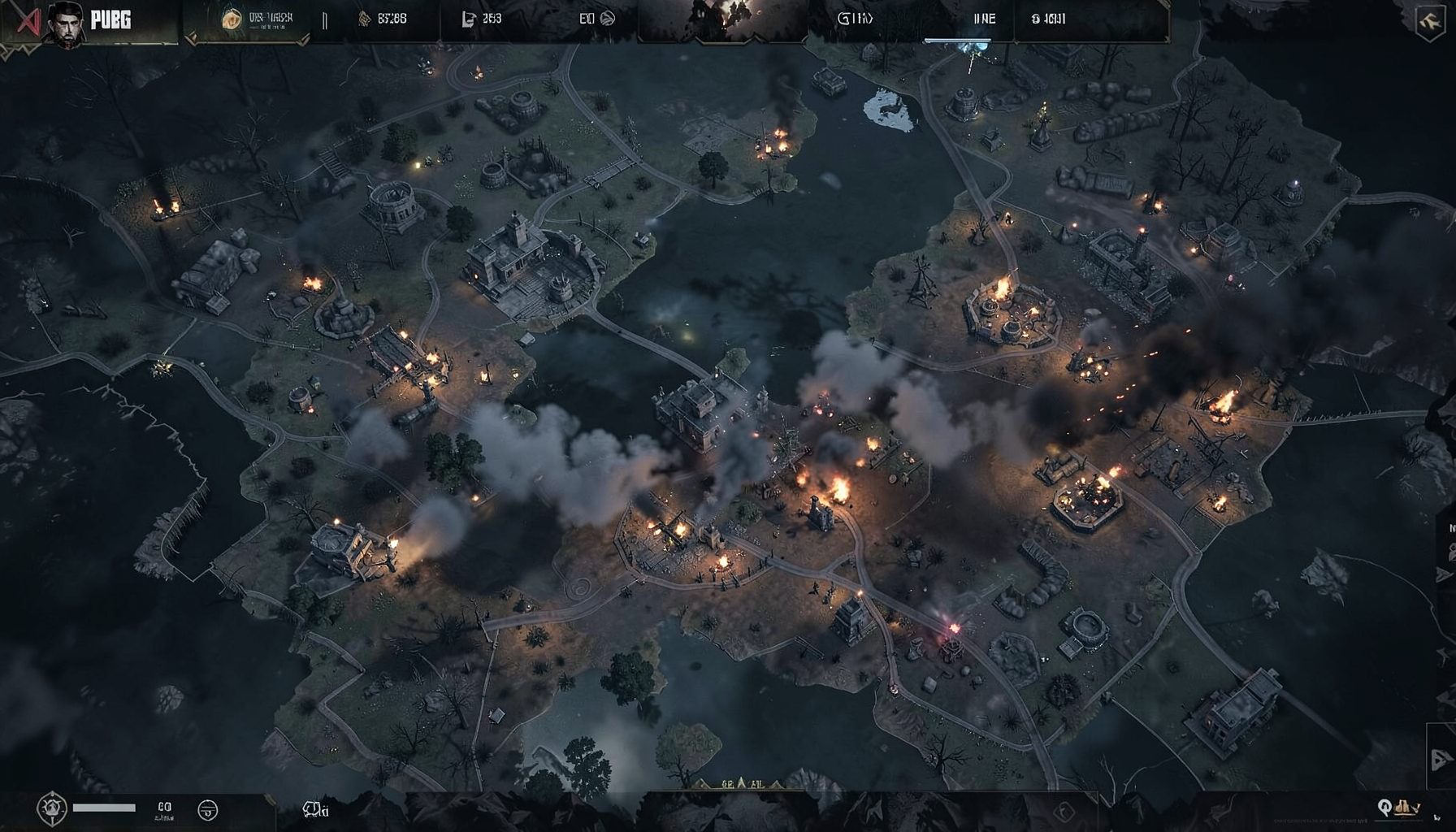 Bản đồ PUBG với tông màu tối u ám, hiệu ứng khói lửa từ khu vực chiến đấu căng thẳng