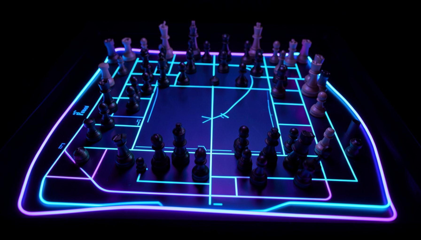 Bàn cờ chiến thuật phát sáng với tông tím xanh neon, các quân cờ được sắp xếp theo đội hình trên nền tối
