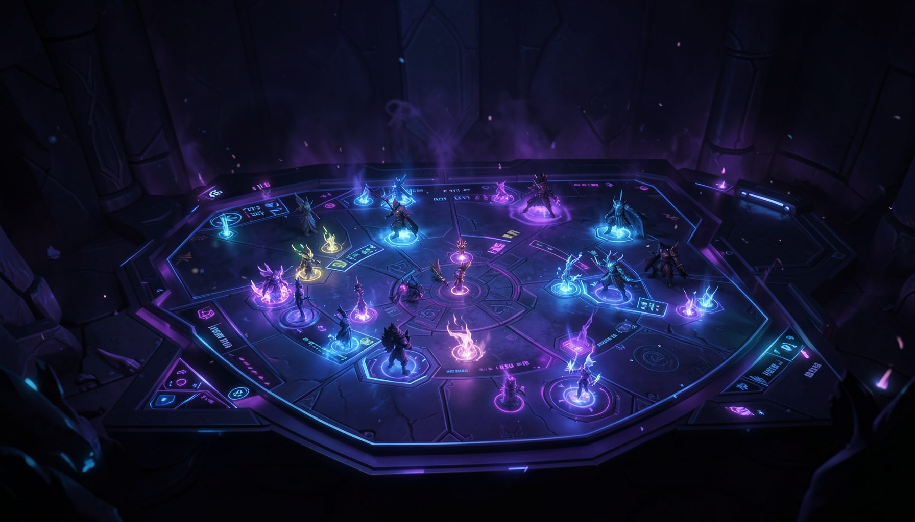 Giao diện game chiến thuật với tông màu xanh tím huyền ảo, các quân cờ phát sáng trên bàn đấu kỹ thuật số